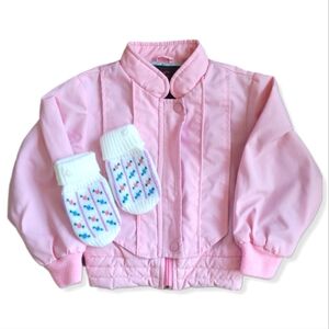 Arctic Racer Baby Girls Pink Jacket & White Colorful Knit Mittens Size 2…